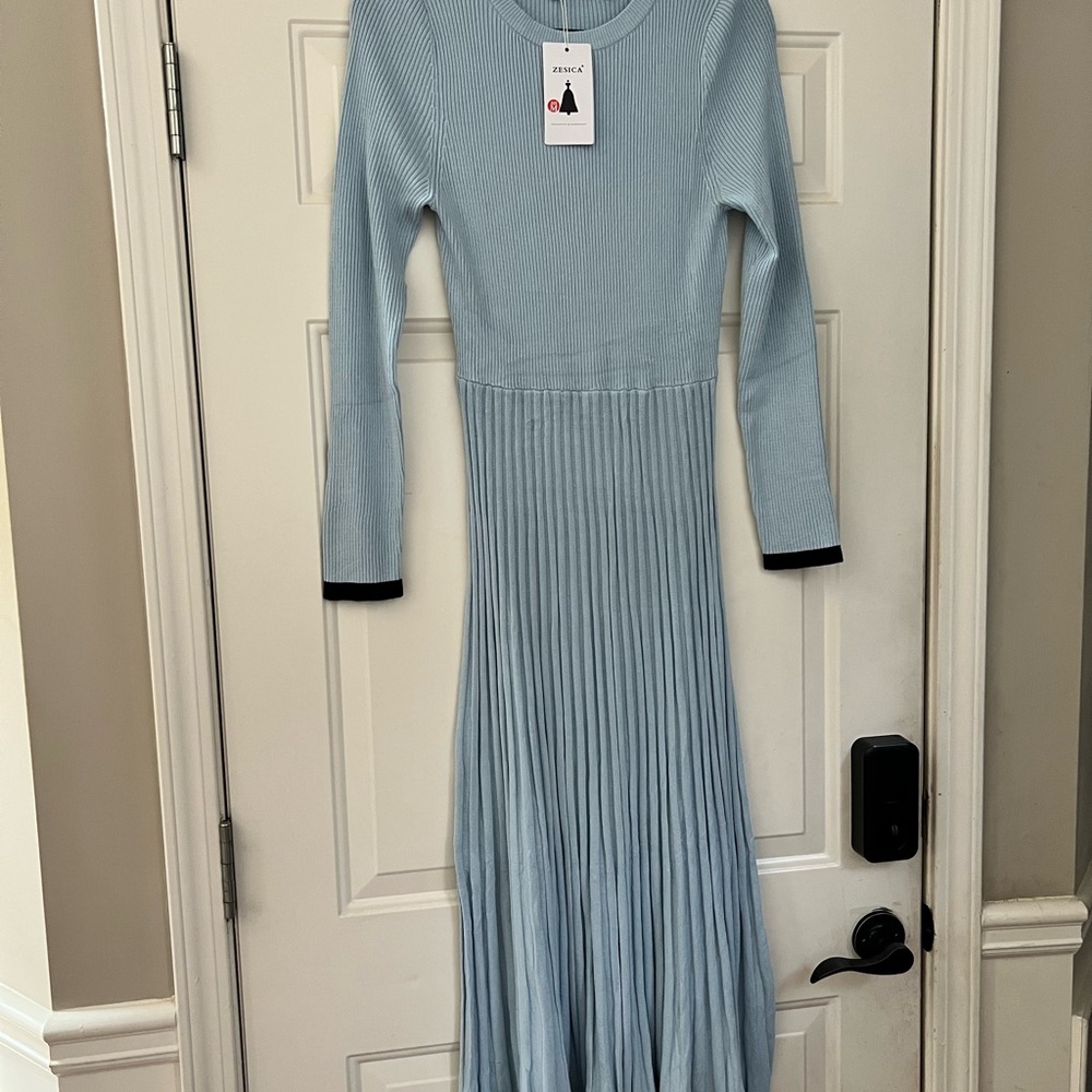 ZESICA Light Blue Long Sleeve Ribbed Pleated Maxi Dress
